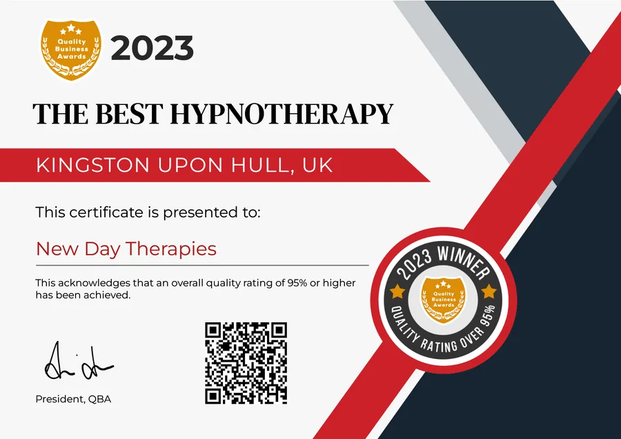 Quality Business Awards 2023 winner certificate for best hypnotherapy in Kingston upon Hull, awarded to New Day Therapies