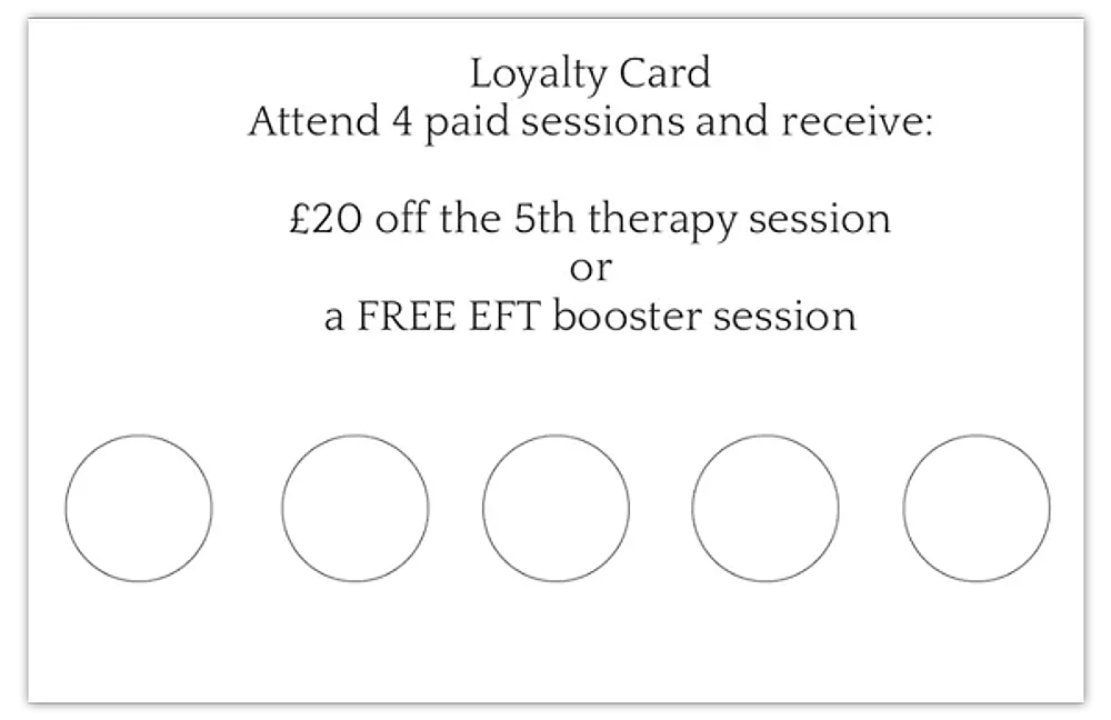 The printed New Day Therapies loyalty card, showing five stamp circles